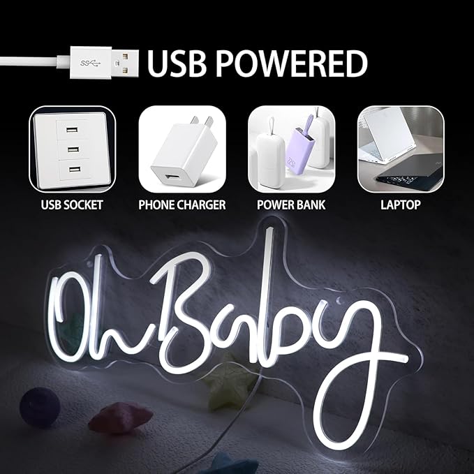 Oh Baby Neon Sign for Backdrop Wall Decor LED Neon Lights for Baby Shower Decorations Boy and Girl Baby Room Decor LED Light Up Sign for Party Decorations Photo Prop USB 21.7x10 Inch (white)