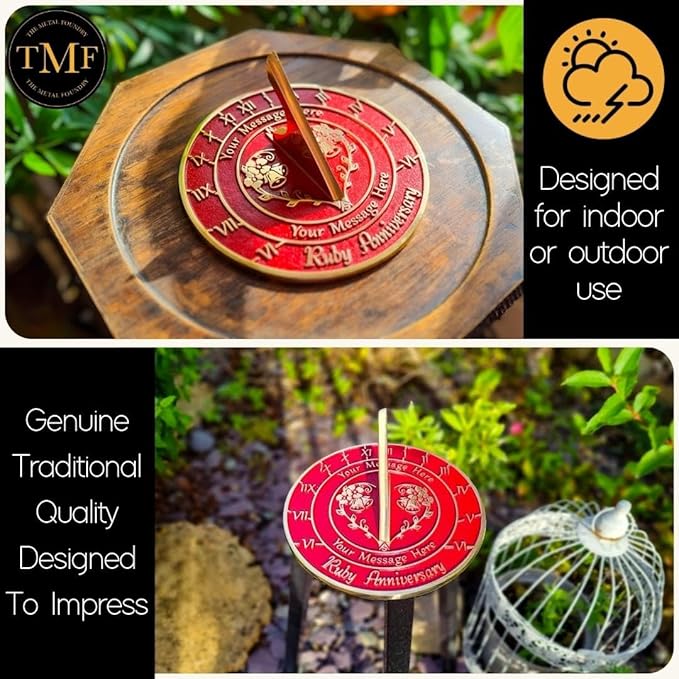 The Metal Foundry Personalized Ruby 40th Large Sundial - Recycled Brass Home Decor Or Garden Present Idea Made in The UK for Parents, Grandparents, Friends, Couples 40 Years Marriage