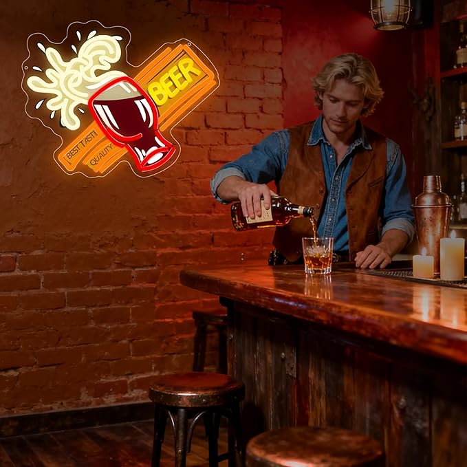 Beer Led Neon Light Sign, Beer Bar Neon Signs for Wall Decor Man Cave Light Up Sign for Home Bar Bedroom Pub Bistro Party Gift Dimmable USB Powered(15"*12.6")