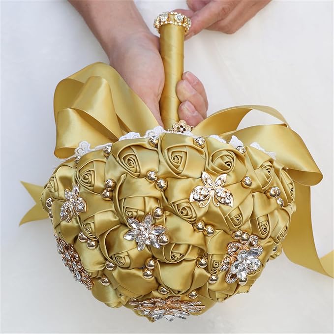 Bridal Wedding Bouquet for Bride Bridesmaid Wedding Quinceanera Throw Toss Artificial Rose Flower Bunch with Bling Brooch (07G#Light Gold, Small (Dia. 7.5"/18cm))