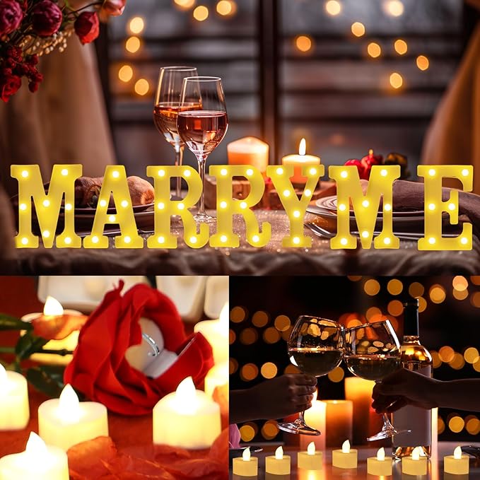 Marry Me Light Up Letters Proposal Decorations Marry Me Sign 24 LED Candles 2000 Rose Petals 10 Foil Balloon 10ft Carpet Runner Rose Ring Box for Valentine's Day Wedding Proposal Engagement (Warm)