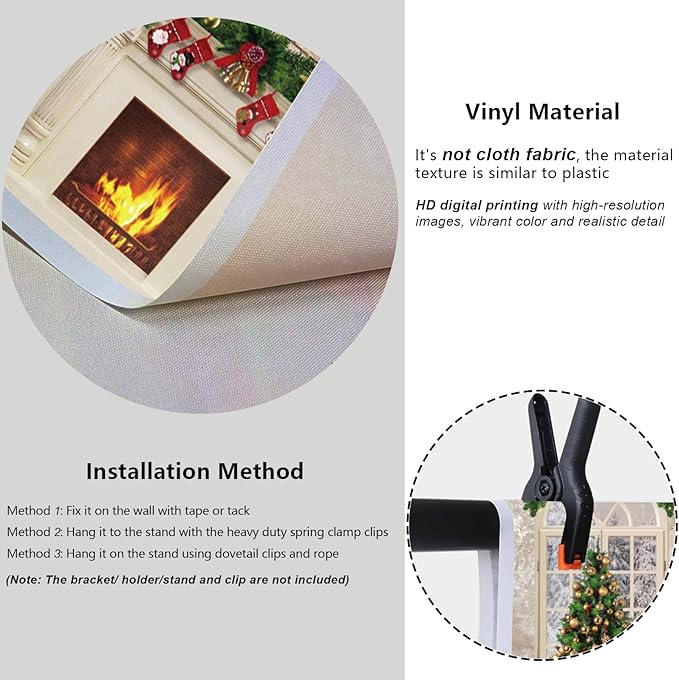 YongFoto Christmas Fireplace Backdrop 10x6.5ft Room Christmas Trees Red Socks Vintage Wall Photography Background New Year Xmas Eve Family Winter Holiday Party Banner Photoshoot Wallpaper Photo Booth