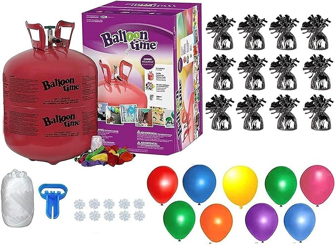 Helium Tank for Balloons At Home, 50 Balloons and White Ribbon, 12 Black Balloon Weights, Plus Balloon Tying Tool