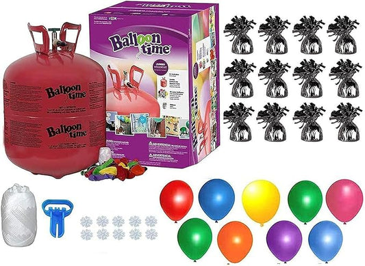 Helium Tank for Balloons At Home, 50 Balloons and White Ribbon, 12 Black Balloon Weights, Plus Balloon Tying Tool