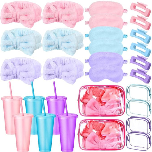 30 Pcs Spa Party Favors for Women Sleepover Party Supplies 6 Bow Headband 6 Eye Mask 6 Hair Clip 6 Cosmetic Bag 6 Glitter Plastic Cup for Adult Spa Birthday Bachelorette Gift(Multicolor)