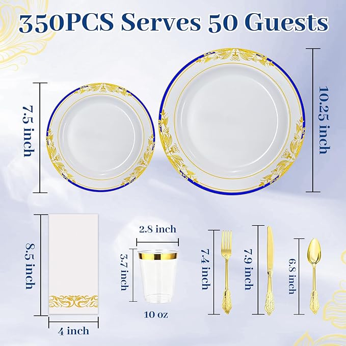MENDENG 350pcs Plastic Plates for Party Plates Disposable Heavy Duty Platos Desechables Elegantes for Wedding Reception Thanksgiving Christmas Plates and Cups and Napkins and Gold Cutlery Sets