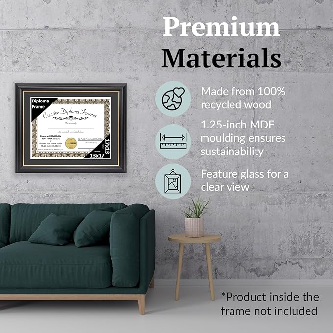 Creative Picture Frames 13" x 17" Rockefeller Black with Gold Rim Diploma Frame, Displays 13" x 17" Certificate or 16" x 20" Document without Mat, College Degree Frame, Full-Strength Glass, Black Mat