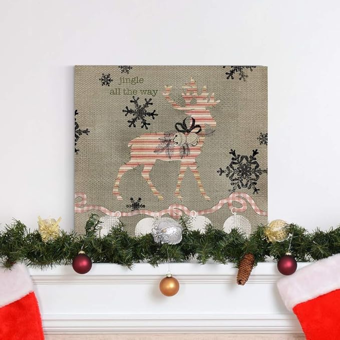 Renditions Gallery Jingle All the Way Reindeer Wall Art, Christmas & Winter Decor, White & Red Striped Fabric Look, Premium Gallery Wrapped Canvas, Ready to Hang, 16 in H x 16 in W, Made in America