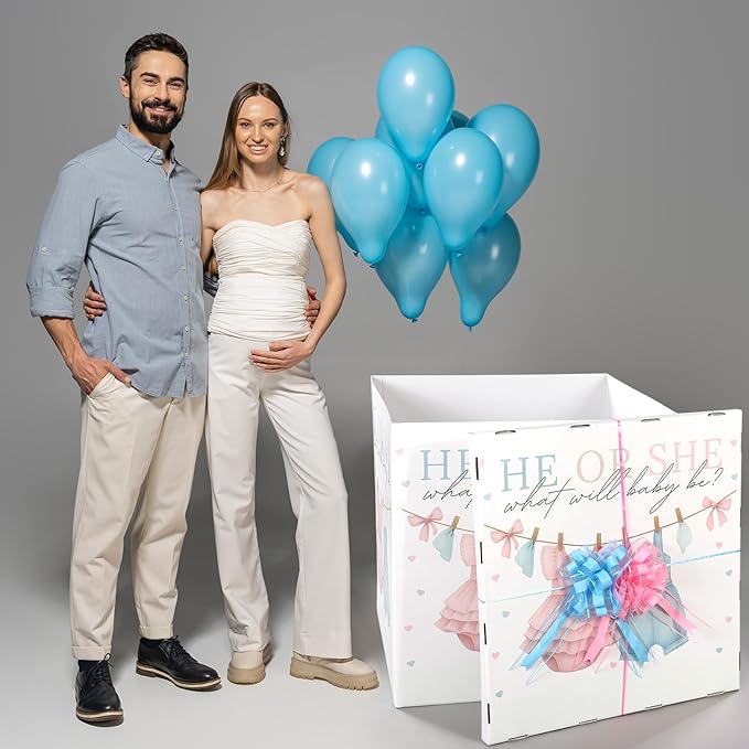 AmazingSpark 28in Jumbo Gender Reveal Gift Box Kit with Oversized Box Giant Pull Bows for Gender Reveal Baby Shower Birthday Party Decor (Baby Clothes)