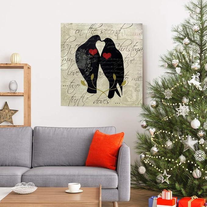 Renditions Gallery Twelve Days of Christmas Wall Art, Two Turtle Doves, Lovely Winter Artwork, Kissing Birds, Premium Gallery Wrapped Canvas Decor, Ready to Hang, 40 in H x 40 in W, Made in America