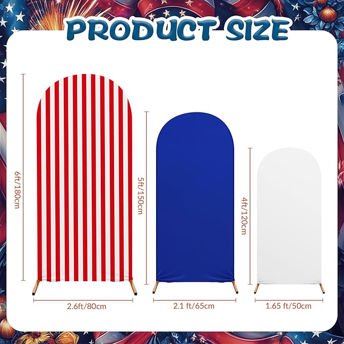Set of 3 Patriot Day Arch Cover Theme Decoration, Veterans Day Blue and Red Print Arch Cover Stretch Spandex Fitted for Birthday Party, 4ft, 5ft, 6ft(Classic)