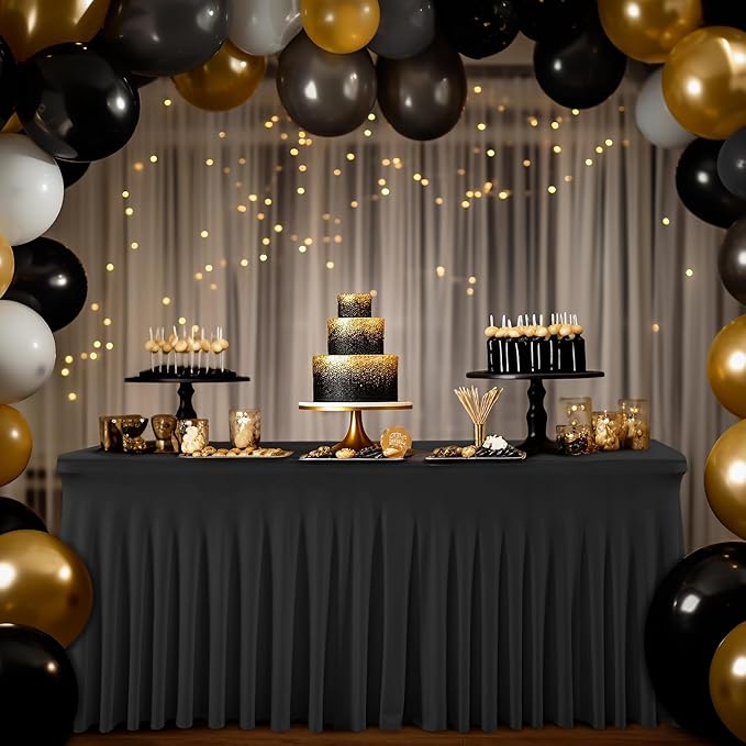 2 Packs Black Table Clothes for 8 Foot Rectangle Tables, Wrinkle Resistant Stretch Spandex Table Covers Fitted Tablecloth with Skirt for Event Banquet Wedding Birthday Party