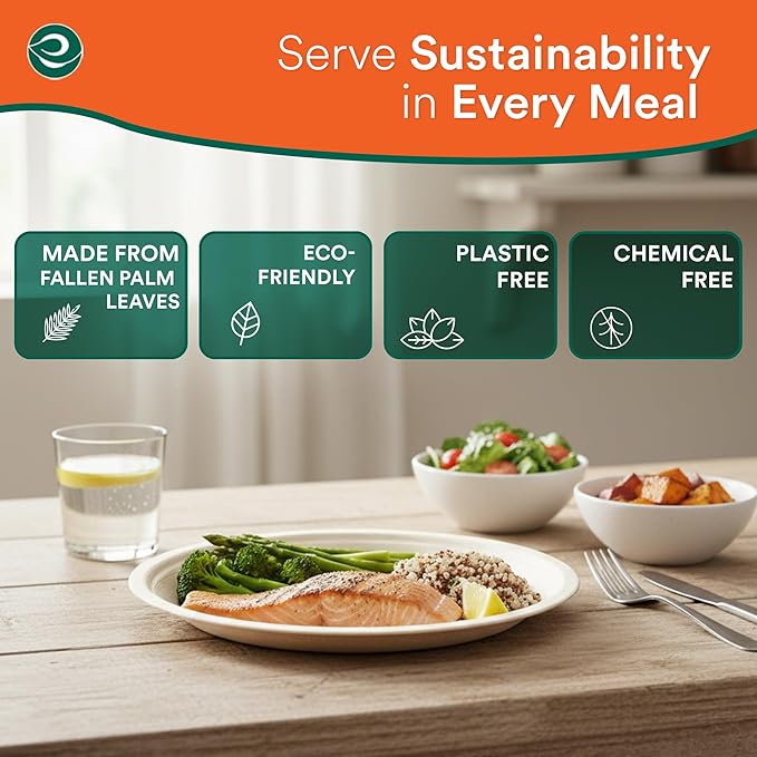 ECO SOUL Palm Leaf Plates 8"(100 Count) Round Compostable Bamboo Plates Heavy- Duty, Biodegradable Eco-Friendly Dinnerware for Christmas Party Dinner, Wedding, Holiday & Event