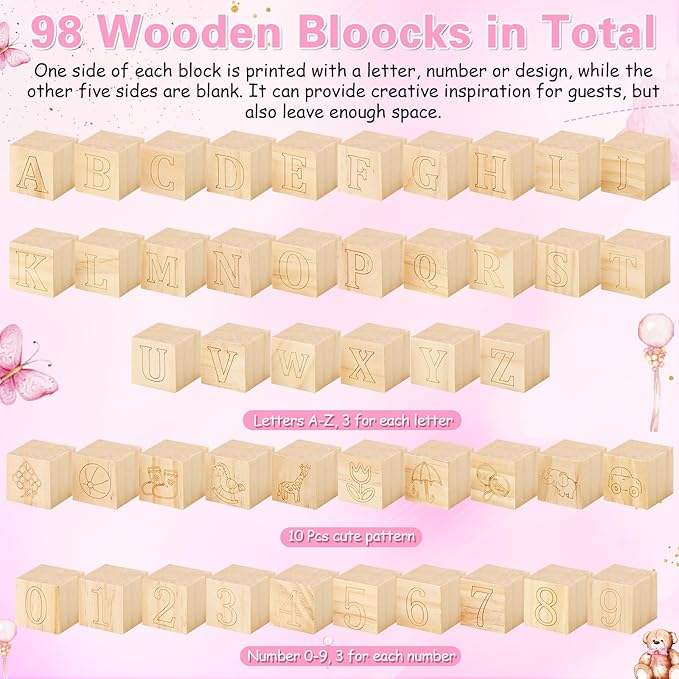 Marsui 136 Pcs Baby Shower Blocks to Decorate Game Kit Includes 98 Wooden Blocks, 36 Markers, 1 Game Sign, 1 Storage Box for Baby Shower Gender Reveal Activity Party Decorations(Pink Bear)