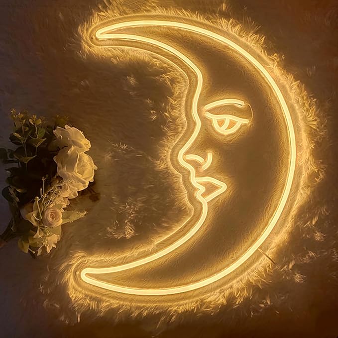 Custom Moon Face Neon Sign, Moon Neon Signs for Bearoom Wall Decor, Kid's Room LED Decorative Lights, Night Lights Indoor for Home, Bedroom, Office,Dorm,Party