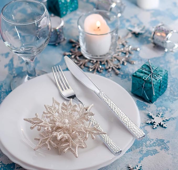 Supernal 360pcs Silver Plastic Cutlery,Elegant Plastic Silverware,Silver Hammed Silverware,Disposable Flatware,Include 120 Forks,120 Knvies,120 Spoons,Perfect for Birthday,Party,Wedding