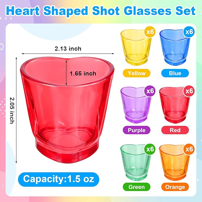 Sabary Valentine's Day Heart Shot Glasses Bulk, 36 Pack 1.5 oz Thick Glass Colorful Shot Glasses for Valentine Galentine Party Supplies, Party Favors, Table Decor