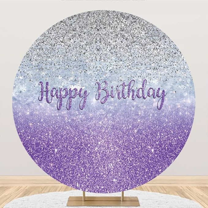 Renaiss Purples Happy Birthday Round Backdrop Cover 7.2 ft Polyester Fabric Shiny Purples and Silver Sequins Circle Photo Background for Gorgeous Happy Birthday Party Decorations