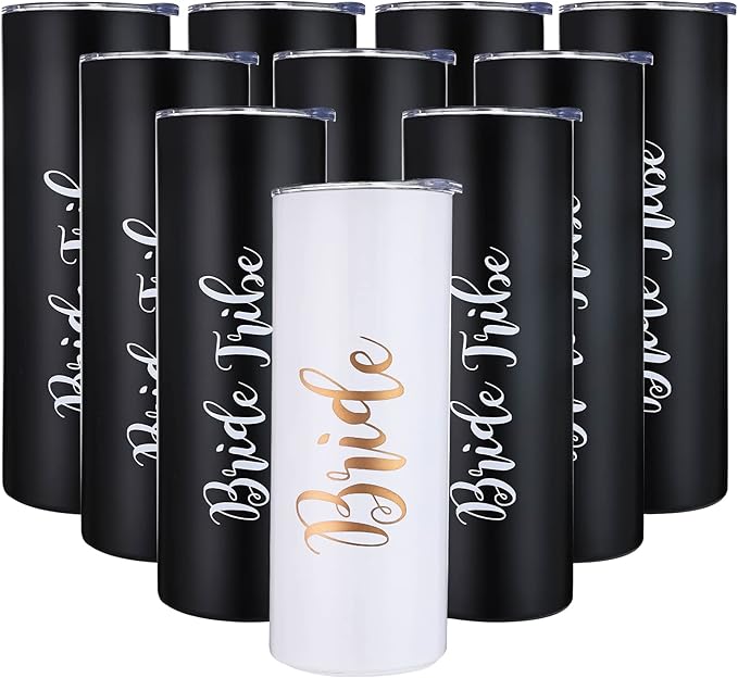 10 Pack Bride to Be Skinny Tumbler | 20 oz Bride Tribe Stainless Steel Wine Tumblers | Engagement Wedding Gifts Bridesmaids Mugs Bachelorette Party Supplies & Games
