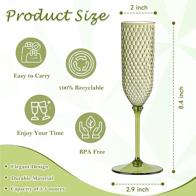 24 Pack Green Detachable 2 piece Champagne Flutes 5.5 Oz Unbreakable Plastic Mimosa Disposable Champagne Glasses Drinking Cups Stemmed Reusable Wine Toasting Glasses for Wedding (24, Olive Green)