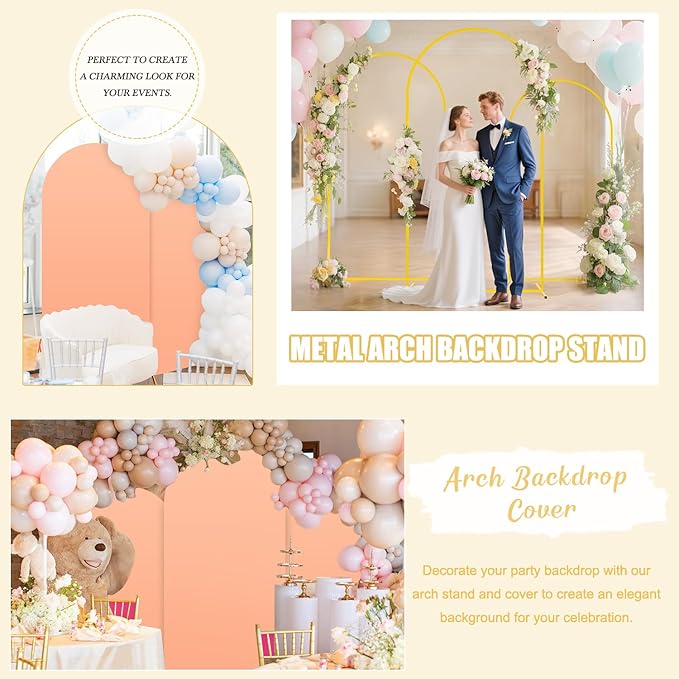 Wedding Arch Backdrop Stand and Peach Arch Cover Set of 2 (7.2FT, 6FT) Metal Backdrop Stand for Parties Spandex Arch Stand Cover for Birthday Bridal Baby Shower Graduation Balloon Arch Decorations