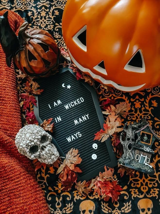 Coffin Letter Board Black +3D Bat Stickers +650 Characters, Spooky & Seasonal Emojis, Wooden Stand - 17x10.5 Inches - Coffin Shaped Goth Decor Sign Witchy Halloween Decorations Gothic Decor Birthday Wedding Home Spooky Gifts