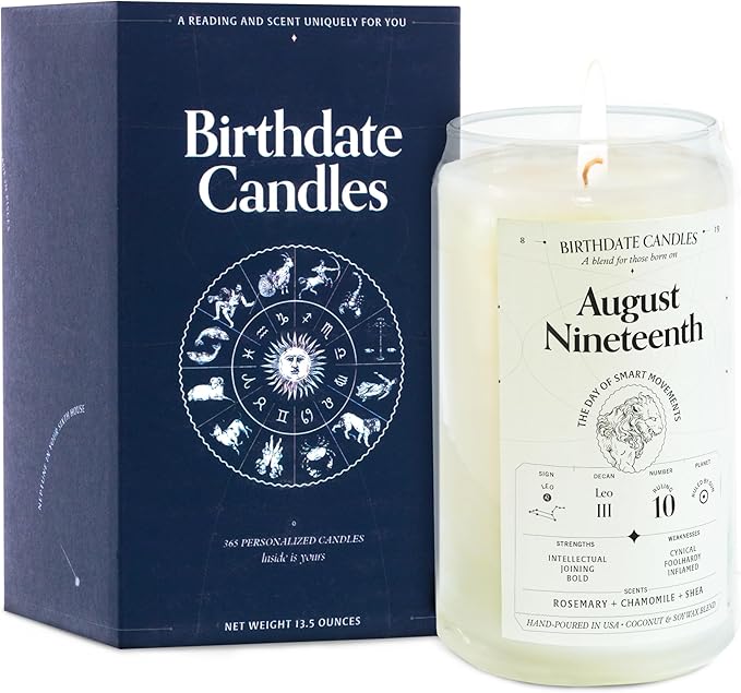 Birthdate Candles, August 19 - Leo Zodiac Scented Candles Birthday Gift - Rosemary, Chamomile & Shea Scent - All-Natural Soy & Coconut Wax, 60-80 Hour Burn Time - Made in USA