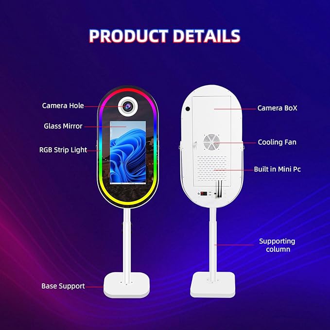Vanya Oval Mirror Photo Booth Mirror Photo Booth Machine 21.5'' Touch Screen Magic Mirror Photobooth Portable for Party Events Wedding Rental (White, Without Camera Printer)