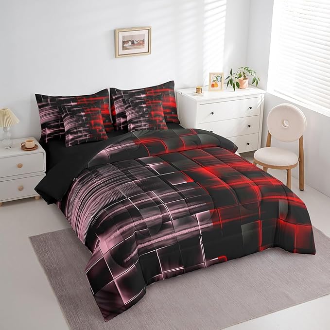 Feelyou Red and Pink Comforter Set with Sheets 7 Piece Queen Size Kids Geometric Bed in a Bag Strip Lines Bedding Set Abstract Art Bed Set with Comforter, Sheets,Pillowcases,Cushion Covers