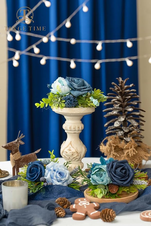 TINGE TIME 3Pcs Wedding Cake Topper Pre-made Set, Navy Blue Artificial Wedding Cake Flower for Reception & Anniversary, Silk Floral Wedding Toppers for Cake, Valentines Cake Topper Decorations
