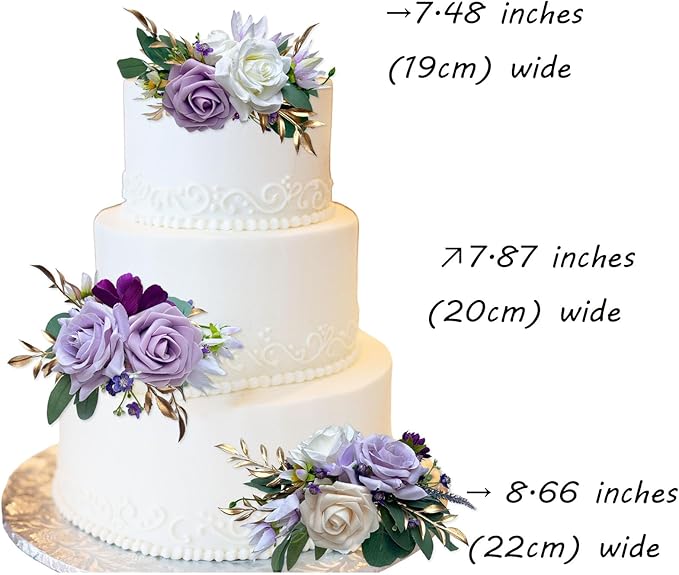 CherishedMoments 3Pcs Cake Topper Set, Wedding Artificial Flowers Decor Purple Cake Topper Decorations for Wedding Ceremony Anniversary, Home Decor,Fall Vintage