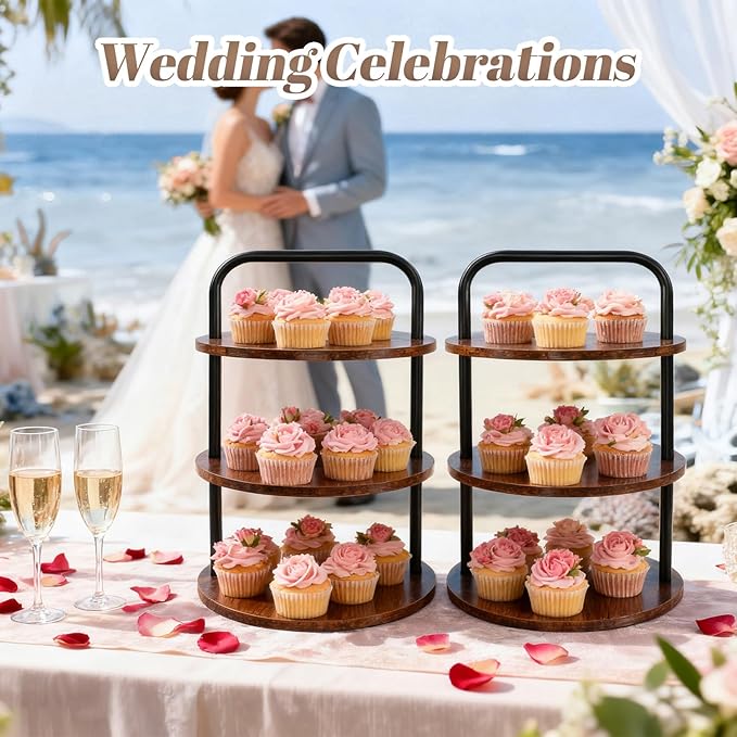 2PCS Wooden Cupcake Stand for 100 Cupcakes - 3-Tier Large Round Serving Tray with Cupcake Tower, Tiered Tray,Cake Tray, Desert Stand for Wedding, Party, Anniversary, Farmhouse Decor