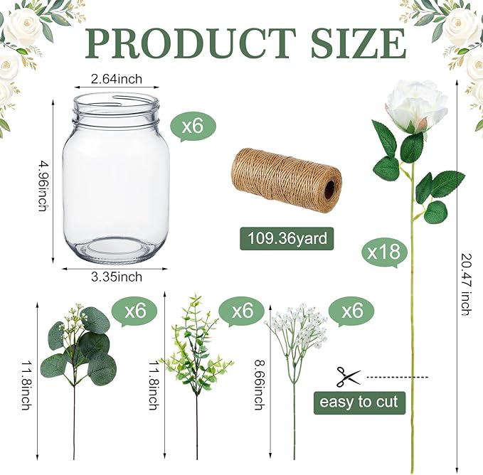 43 Pcs/ 6 Set Rose Mason Jar Table Centerpiece Mason Jar Vases Faux Floral with Rope Boho Rustic Flower Table Decoration for Reception Engagement Party Bridal Shower Wedding
