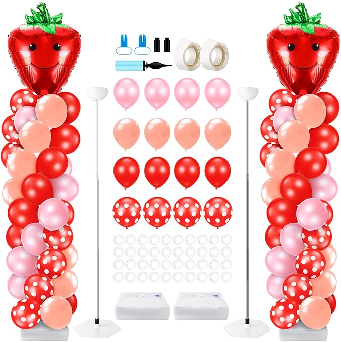 Kasyat 2 Set Strawberry Party Balloon Column Stand Kit Strawberry Red and Pink Foil Balloons Arch Garland Kit for Berry Sweet First Theme Baby Shower Birthday Party Decorations