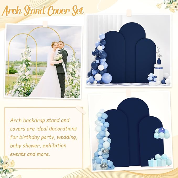 Arch Stand with Cover 6FT 6.6FT 7.2FT Navy Blue Spandex Arch Covers Metal Arch Stands with Arched Backdrop Cover Set of 3 Arched Stand Covers for Wedding Party Banquet Decorations