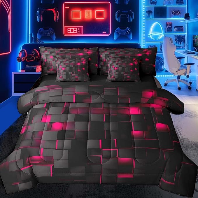 Feelyou Rose Red and Black Bedding Set Twin Size Kids Light Geometric Comforter Set with Sheets 7 Piece Bed in a Bag forModern Bed Set with Comforter,Sheets,Pillowcases,Cushion Covers