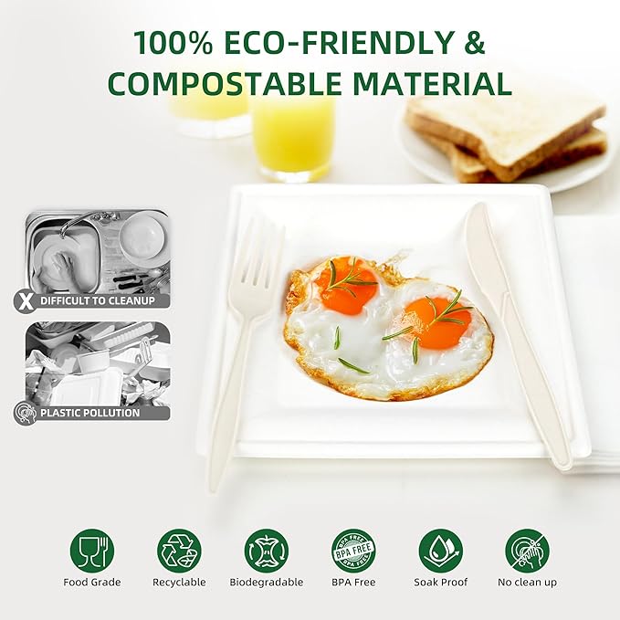Compostable Paper Plates Set, 300PCS Disposable Heavy-Duty Plate and Utensils, Eco Friendly Biodegradable Dinnerware Kit Includes Plates, Forks, Knives, Spoons and Napkins for Party 50 People