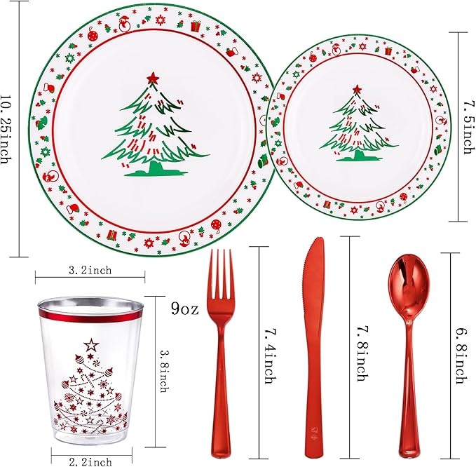 LIYH 150 Pcs Plastic Christmas Plates Disposable Christmas Dinnerware Set, Red Plastic Silverware,Cups Perfect 25 Guests