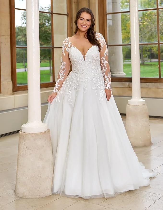 Plus Size Wedding Dresses for Bride Long Sleeve Wedding Bridal Gowns with Lace Appliques Off Shoulder Bride Dress