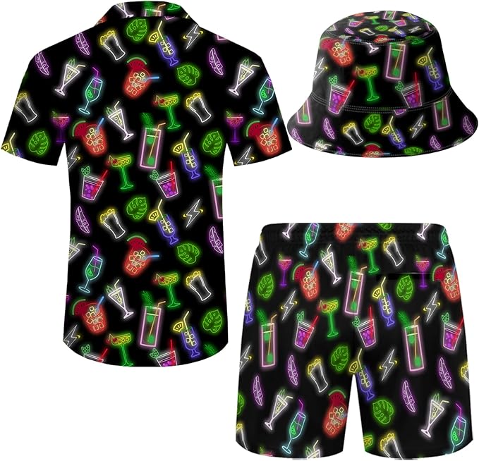 Men's Hawaiian Shirt and Shorts Set 2 Piece Beach Outfits with Bucket Hats for Beach Days and Summer Vibes
