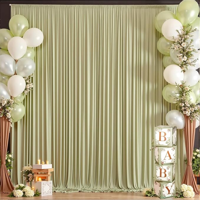 20ft x 8ft Wrinkle Free Sage Green Backdrop Curtains for Parties Weddings, 4 Panels 5×8ft Soft Silk Polyester Photo Backdrop Drapes for Birthday Baby Shower Photo Photography Background Cloth