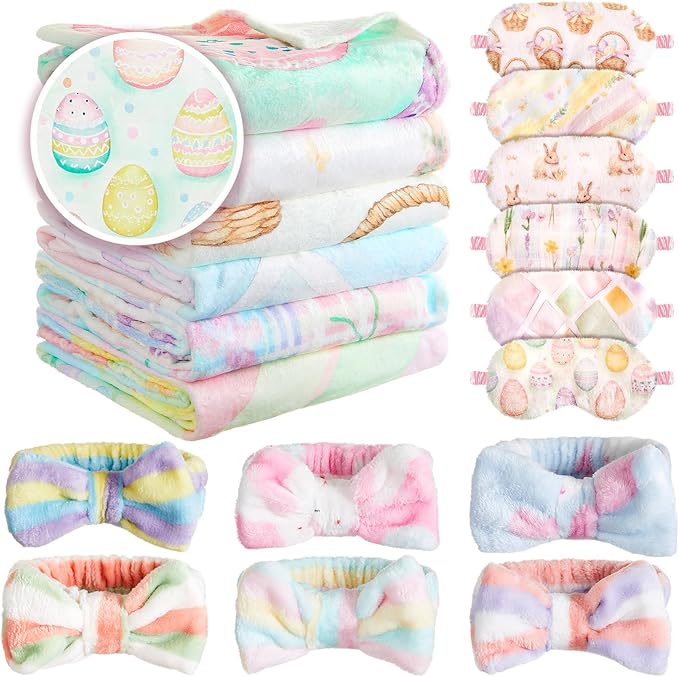 18 Pcs Easter Sleepover Party Supplies for Girls, 6 Style Easter Macarons Bow Blanket 6 Coral Fleece Spa Headband 6 Plush Macarons Eye Mask Cover for Slumber Sleepover Spa Party Gift