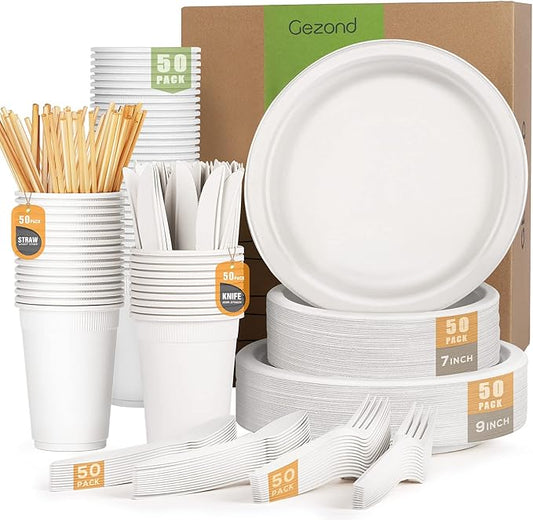 Compostable Paper Plates 350pcs Disposable Plates for Wedding Party Eco-friendly Sugarcane Plates Biodegradable Cutlery Forks Knives Spoons Cups and Straws for 50 People