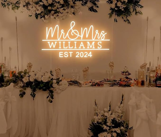 Mr and Mrs Name Neon Sign Custom Last Name LED Neon Light Home Wall Decor Wedding Engagement Party Backdrop Decoration Personalized Gifts ﻿