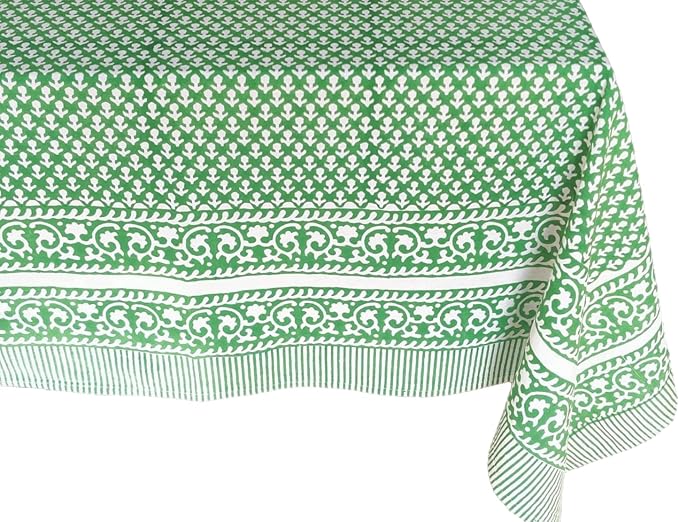 ATOSII Queen Green 100% Cotton Tablecloth, Handblock Print Rectangle Table Cover for Kitchen Dining I Tabletop Linen I Parties, Thanksgiving, Christmas, Wedding, Fall Table Cloth 60 X 108 Inches