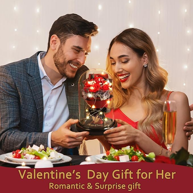 Valentines Day Gifts for Her,Birthday Gifts for Women,Beauty and the Beast Rose in Glass Dome with 2 Light Modes,Enchanted rose Flower Roses Bouquets Valentines Gifts for Daughter Mom Wife Girlfriend