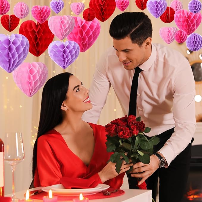 48 Pcs Valentine's Day Paper Heart Shaped Honeycomb Party Decorations Red Pink Purple Round Heart Tissue Paper Pom Poms for Birthday Wedding Decorations, 5 Size