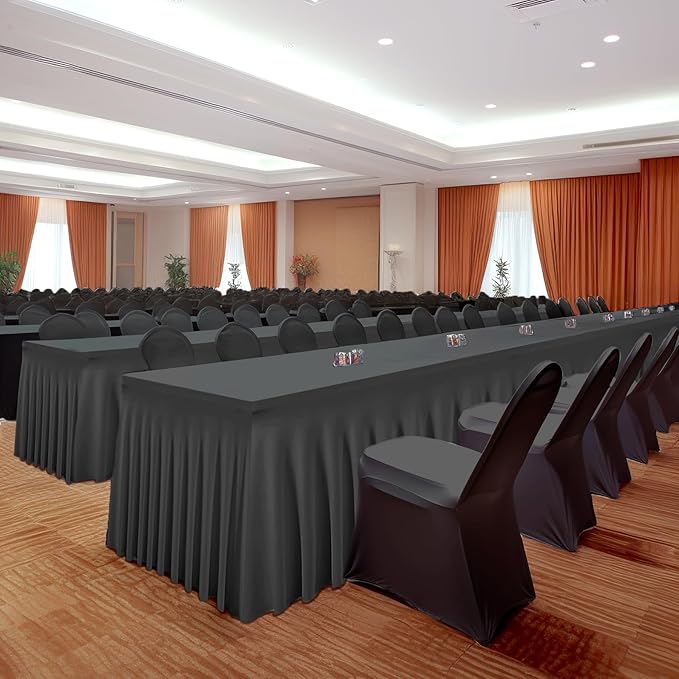 4 Packs Black Table Clothes for 6 Foot Rectangle Tables, One-Piece Wrinkle Resistant Stretch Spandex Table Covers with Skirt for Event Banquet Wedding Birthday Party