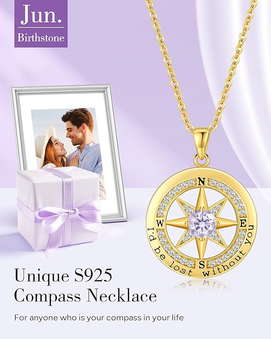 S925 Necklace Gift for Wife |Compass Jewelry |Women Anniversary |Sterling Silver |Girlfriend Birthday Gifts for Her Valentines |I'd be Lost without You |Jewel 18K Gold