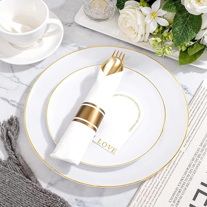 KIRE 175PCS Gold Plates Disposable - Heavy Duty White and Gold Plastic Plates Dinnerware Sets - 25 for Dinner 25 for Dessert 25 Pre Rolled Napkins and 25 Cups for Birthday/Valentine's Day/Wedding